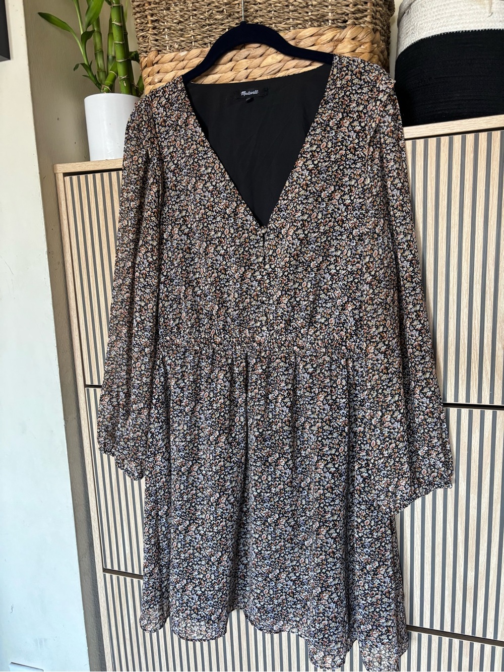 Madewell Black Floral V-Neck Tiered Mini Dress